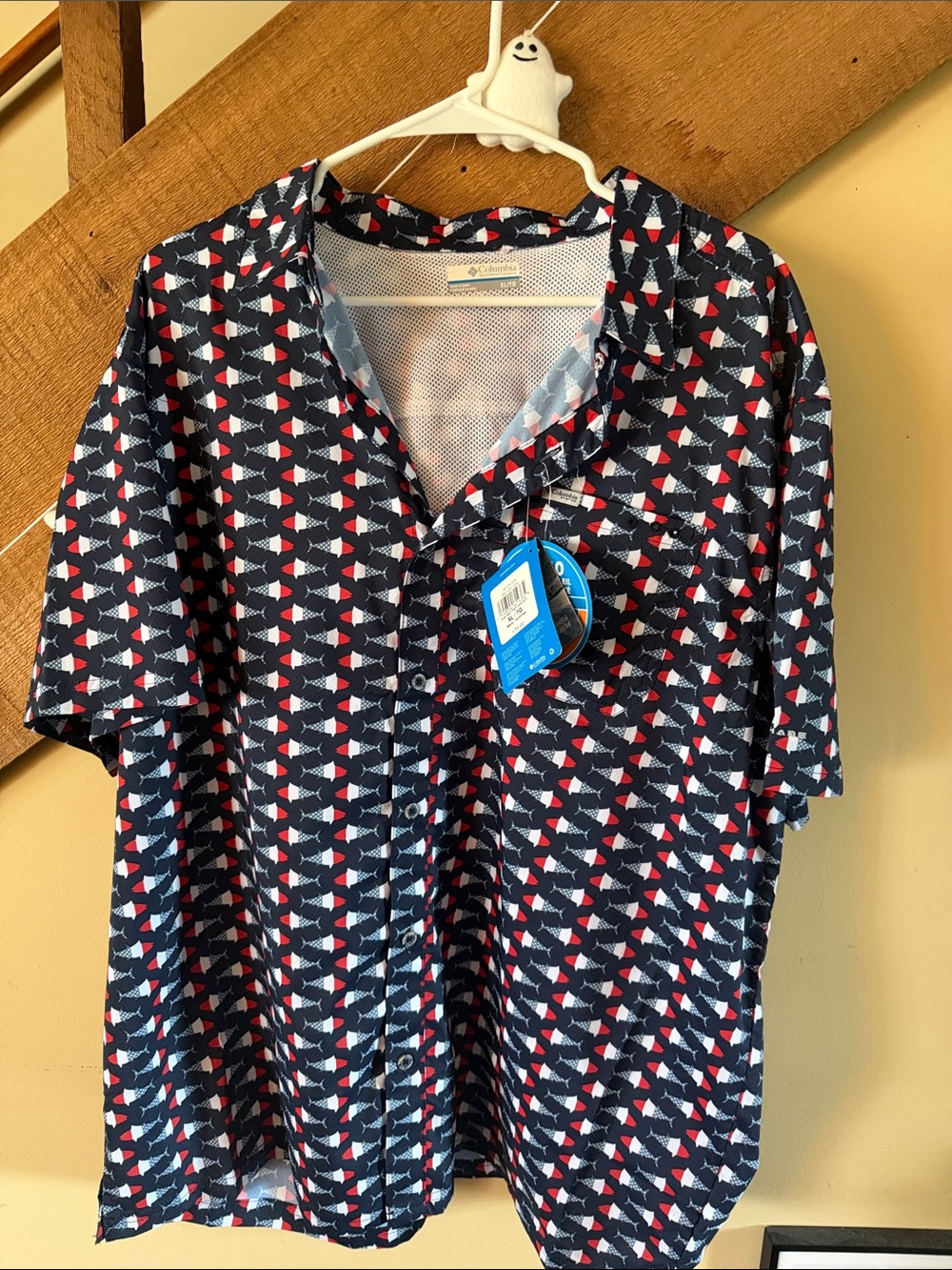 Columbia Men’s Navy Shirt with Red and White Fish Pattern